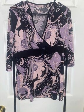 dressbarn Black and Lavender Floral Wrap-Style Top